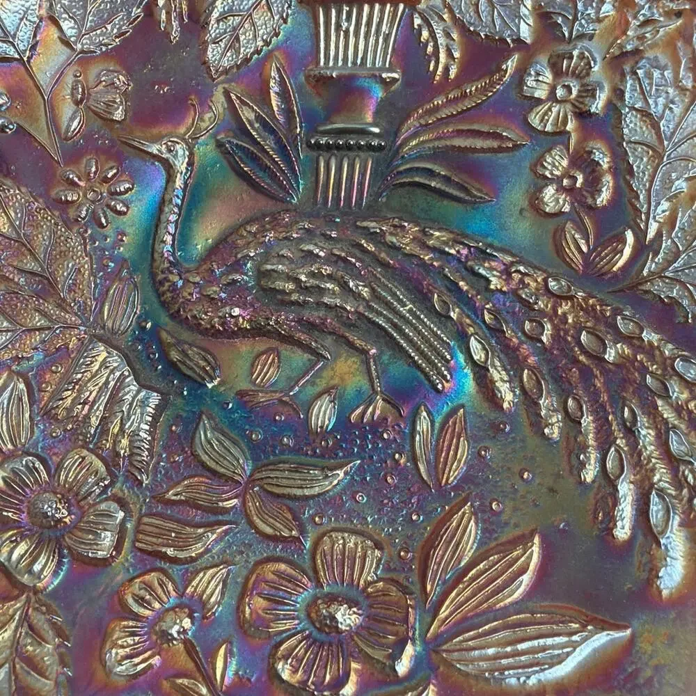 Antique Fenton Peacock & Urn Marigold Carnival Glass 9